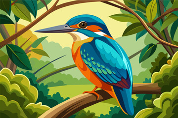 colorful kingfisher sits on tree, silhouette, Vector illustration, icon, svg, characters, Holiday t shirt, Hand drawn trendy Vector illustration, blue bird on a branch