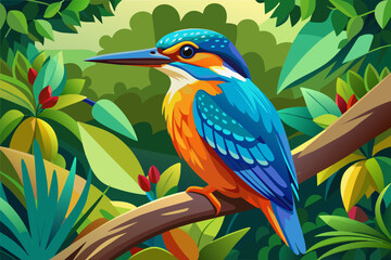 colorful kingfisher sits on tree, silhouette, Vector illustration, icon, svg, characters, Holiday t shirt, Hand drawn trendy Vector illustration, blue bird on a branch