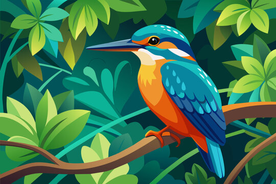 colorful kingfisher sits on tree, silhouette, Vector illustration, icon, svg, characters, Holiday t shirt, Hand drawn trendy Vector illustration, blue bird on a branch