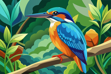 colorful kingfisher sits on tree, silhouette, Vector illustration, icon, svg, characters, Holiday t shirt, Hand drawn trendy Vector illustration, blue bird on a branch