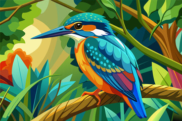Obraz premium colorful kingfisher sits on tree, silhouette, Vector illustration, icon, svg, characters, Holiday t shirt, Hand drawn trendy Vector illustration, blue bird on a branch