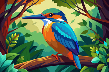 colorful kingfisher sits on tree, silhouette, Vector illustration, icon, svg, characters, Holiday t shirt, Hand drawn trendy Vector illustration, blue bird on a branch