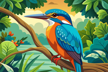 colorful kingfisher sits on tree, silhouette, Vector illustration, icon, svg, characters, Holiday t shirt, Hand drawn trendy Vector illustration, blue bird on a branch