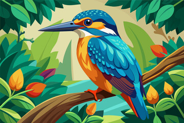 colorful kingfisher sits on tree, silhouette, Vector illustration, icon, svg, characters, Holiday t shirt, Hand drawn trendy Vector illustration, blue bird on a branch