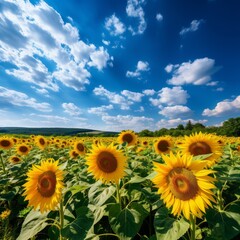 Fototapeta premium Vibrant sunflower field under blue sky