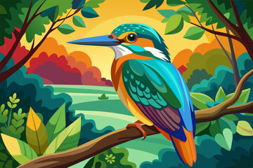 colorful kingfisher sits on tree, silhouette, Vector illustration, icon, svg, characters, Holiday t shirt, Hand drawn trendy Vector illustration, blue bird on a branch