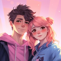 Smiling anime couple in casual outfits