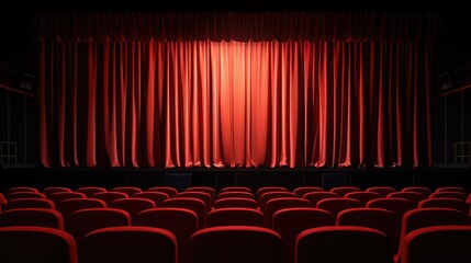 Rows of red seats face a closed curtain in darkness, awaiting an event. Ai Generated