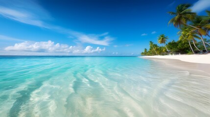 Panoramic view of beautiful tropical beach with turquoise water and palm trees