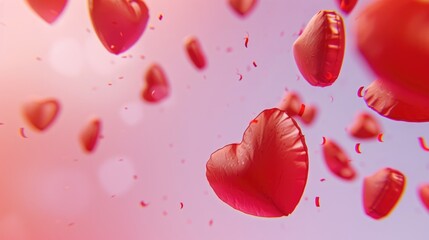 Fototapeta premium Festive Valentine's Day background flying red hearts against pink backdrop, Ai Generated.