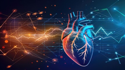 Human heart with cardio pulse line on dark background, Concept of healthcare and cardiology. Ai Generated