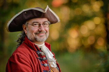 American historical reenactment costumed man for Independence Day, immersed in portraying an officer from America's revolutionary era, demonstrating patriotism and respect for th