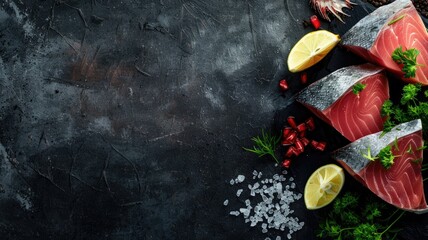 Slices of fresh raw salmon with herbs and lemon on dark textured surface