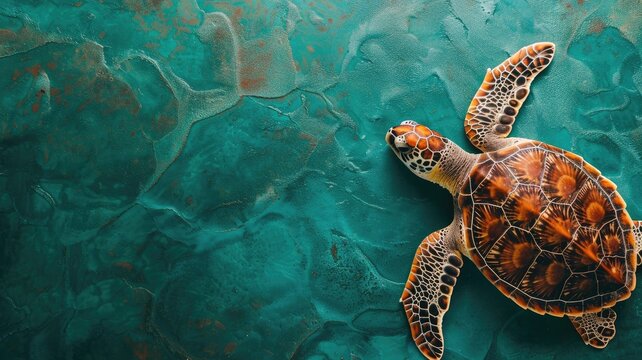 Sea turtle swimming over coral reef with textured turquoise background