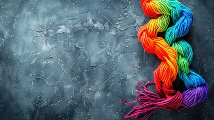 Vibrant multicolored skeins of yarn arranged in gradient on textured gray background