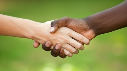 Two people shaking hands outdoors, symbolizing teamwork or agreement
