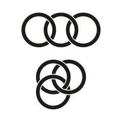 Intersecting circles vector design. Overlapping black rings illustration. Concept of connection and unity. Abstract geometric shapes graphic.