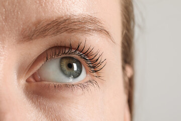 Macro photo of woman with beautiful eyes on light background