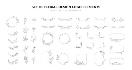 Modern Set of floral design logo elements. Wreath borders dividers, frame corners and minimalist flowers branch. Hand drawn line wedding herb, elegant leaves for invitation save the date card.	