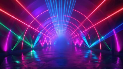 Neon-lit tunnel with laser beams creates futuristic backdrop. Abstract tech vibe. Ai Generated