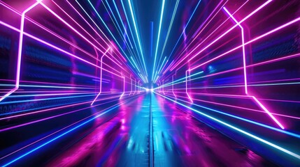 Neon-lit tunnel with laser beams creates futuristic backdrop. Abstract tech vibe. Ai Generated