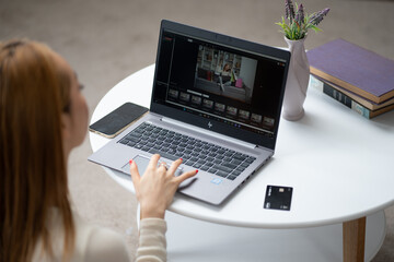 Woman Using Laptop At Home Office, Professional Freelance Video Editor Working, Creative Digital...