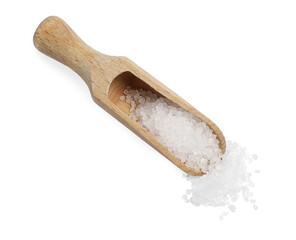 Natural salt in wooden scoop isolated on white, top view