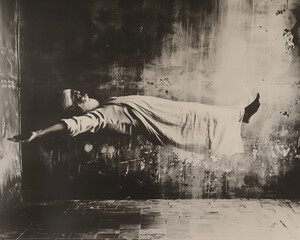 Old monk in a robe levitating horizontally with outstretched arms, not touching the ground. Old photograph of a paranormal mystical phenomenon in an Eastern culture.