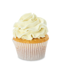 Tasty vanilla cupcake with cream isolated on white