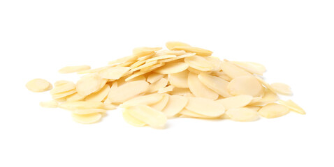 Pile of fresh almond flakes isolated on white