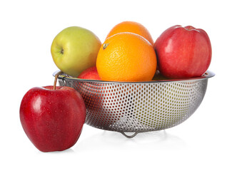 Colander with fresh fruits isolated on white
