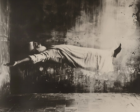 Old monk in a robe levitating horizontally with outstretched arms, not touching the ground. Old photograph of a paranormal mystical phenomenon in an Eastern culture.