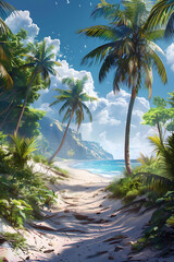 Obraz premium A sun-drenched beach, with palm trees swaying gently in the tropical breeze