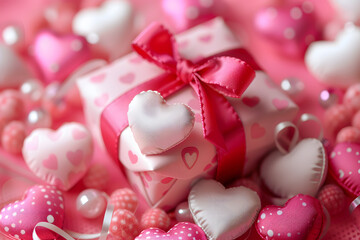 Valentine’s Day Celebration: Gifts and Heart-Shaped Candies on Pink