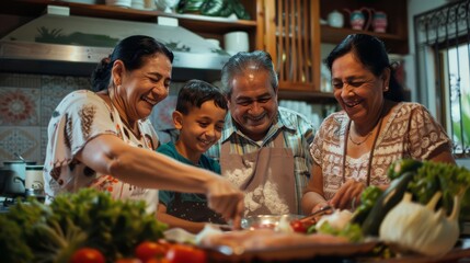Content Hispanic family sharing laughter and stories while cooking