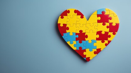Puzzle heart in blue, yellow, red on light blue backdrop. Autism awareness concept. Ai Generated