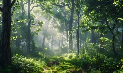 Fototapeta premium A misty forest morning, with sunlight filtering through the dense canopy of trees