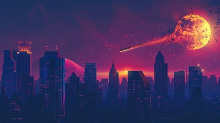 A luminous meteorite descends upon a city skyline, casting an ethereal glow. Ai Generated