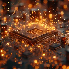A close-up of a CPU chip ejecting sparks as it levitates against a dark background.