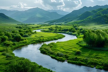 A tranquil river meandering through a verdant valley, its banks alive with vibrant flora