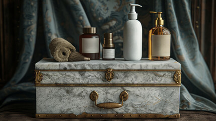Elegant skincare and beauty products displayed in a luxurious marble cosmetic box on a draped silk background.