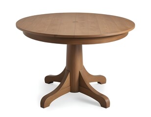 A round wooden dining table with a pedestal base