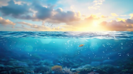 Tranquil split view of ocean surface and underwater life with coral fish under sunset sky