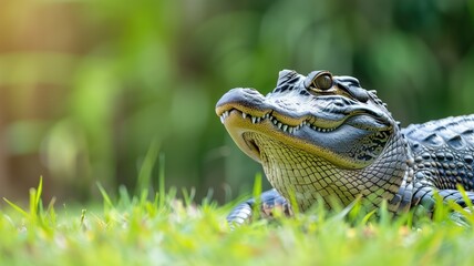 Obraz premium Close-up of reptile with sharp teeth resting in grass