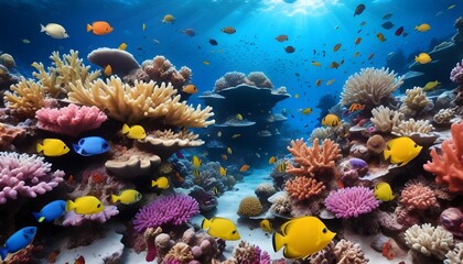 A vibrant underwater coral reef scene with a variety of colorful tropical fish swimming among the coral formations