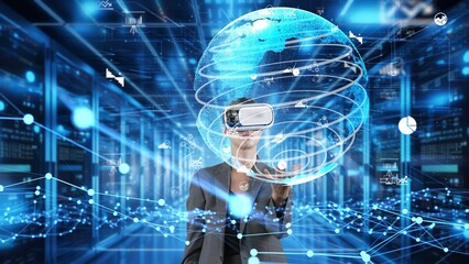 Businesswoman searching finance data dynamic world shape monitor by VR future global market...