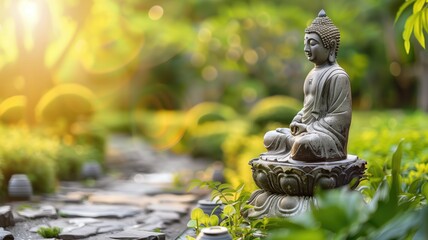 Statue of Buddha meditating in tranquil garden at sunrise