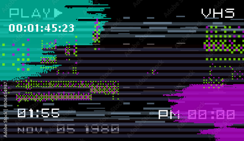 Aufkleber Glitched and distorted VHS screen with pixel noise.