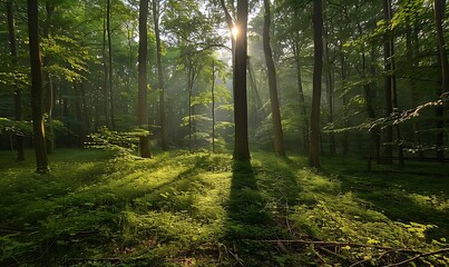 A serene forest glen, with sunlight dappling the forest floor through the canopy above
