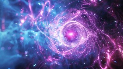 The proton and neutron are surrounded by a glowing aura symbolizing the immense energy and power contained within these tiny particles.